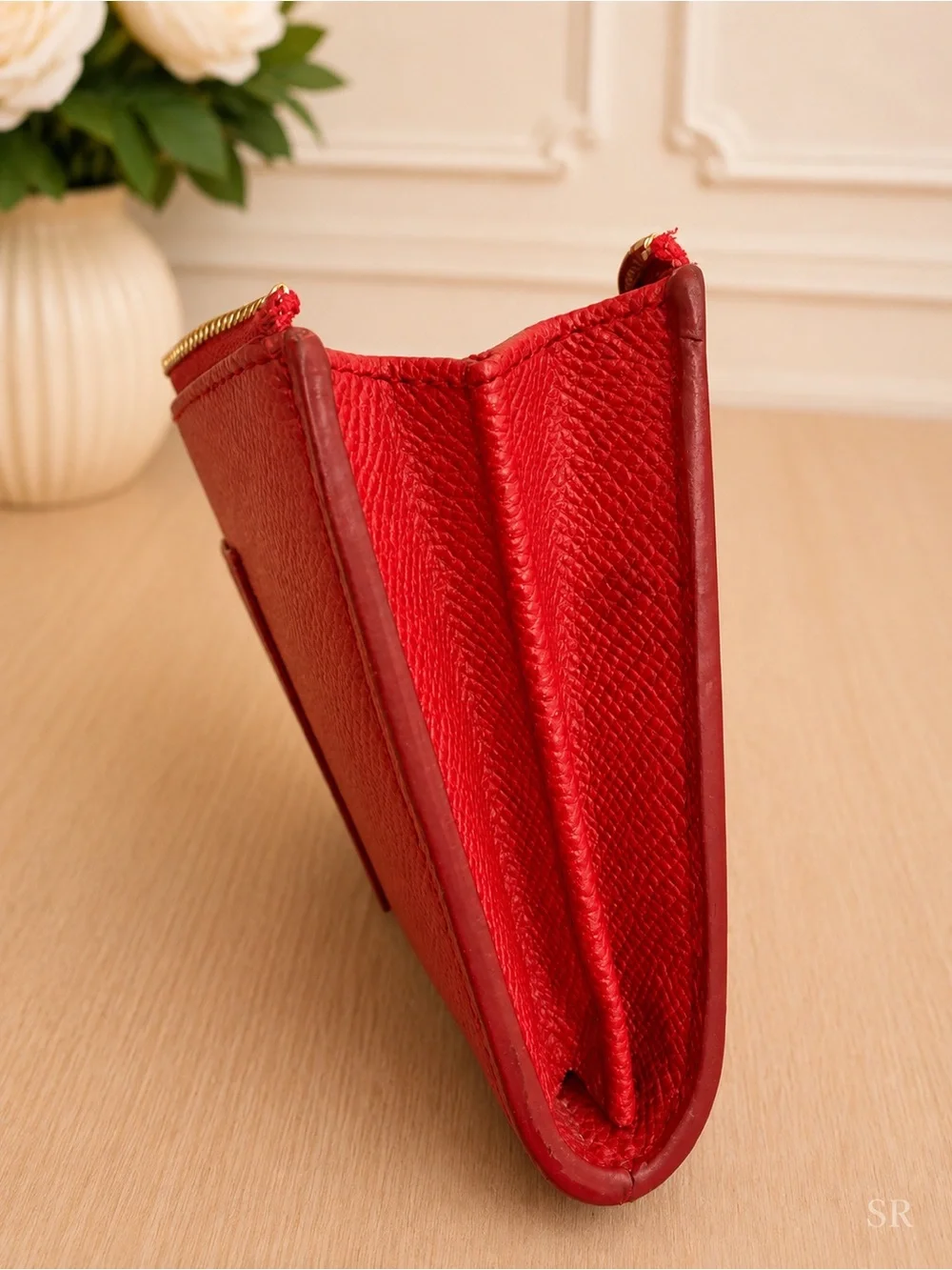 Coach Large Corner Zip Wristlet Red Leather Wallet Gold Hardware